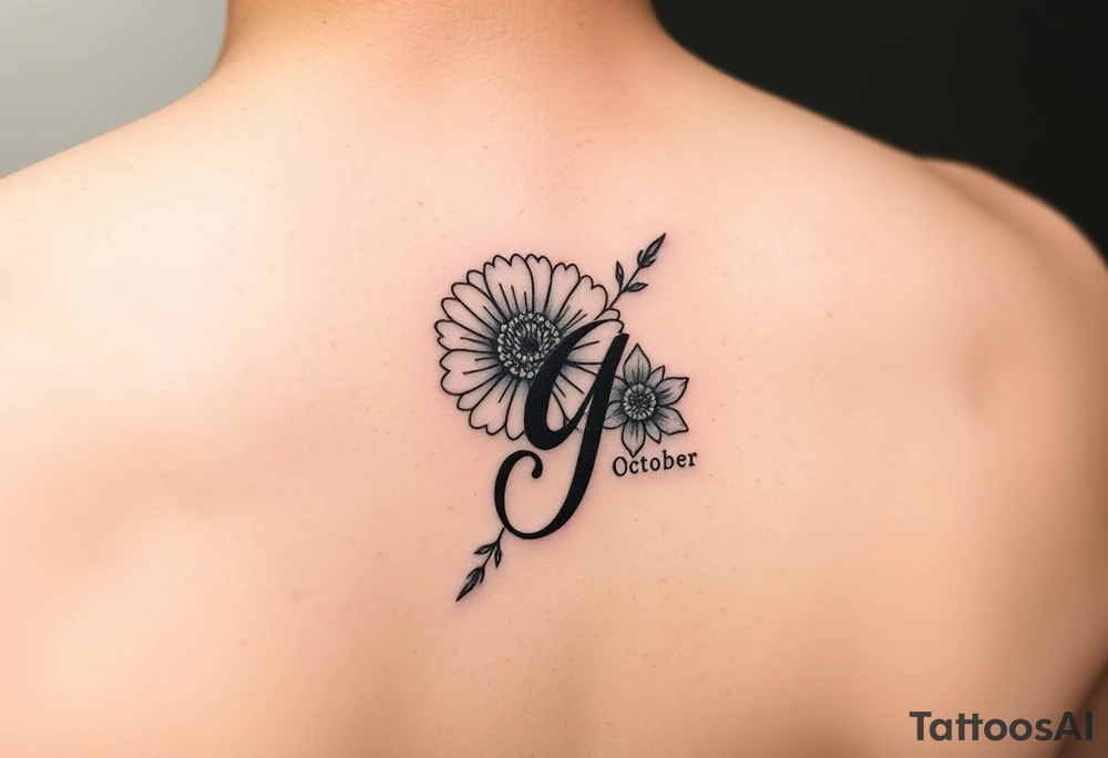 Initial g in cursive added into the October birth flower (marigold) small dainty behind the ear tattoo idea