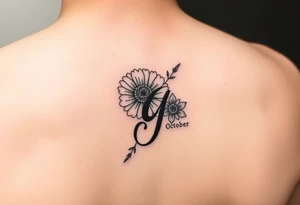 Initial g in cursive added into the October birth flower (marigold) small dainty behind the ear tattoo idea