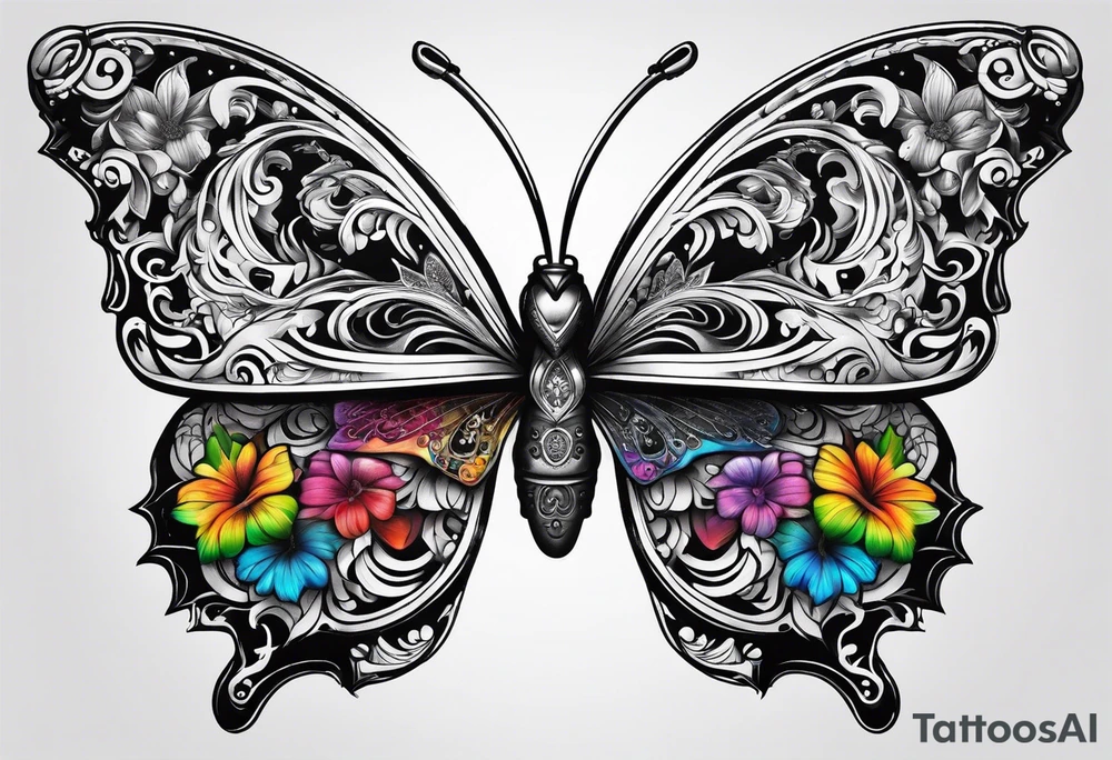 Guitar, butterfly, rainbow, Halo gaming tattoo idea