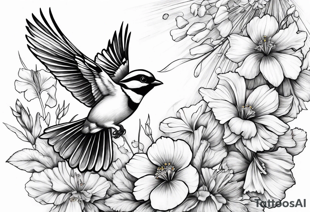one flying
sparrow, sunrays,
make it a neck sleeve
add in a cosmos, iris, daisy, poppy and larkspur tattoo idea