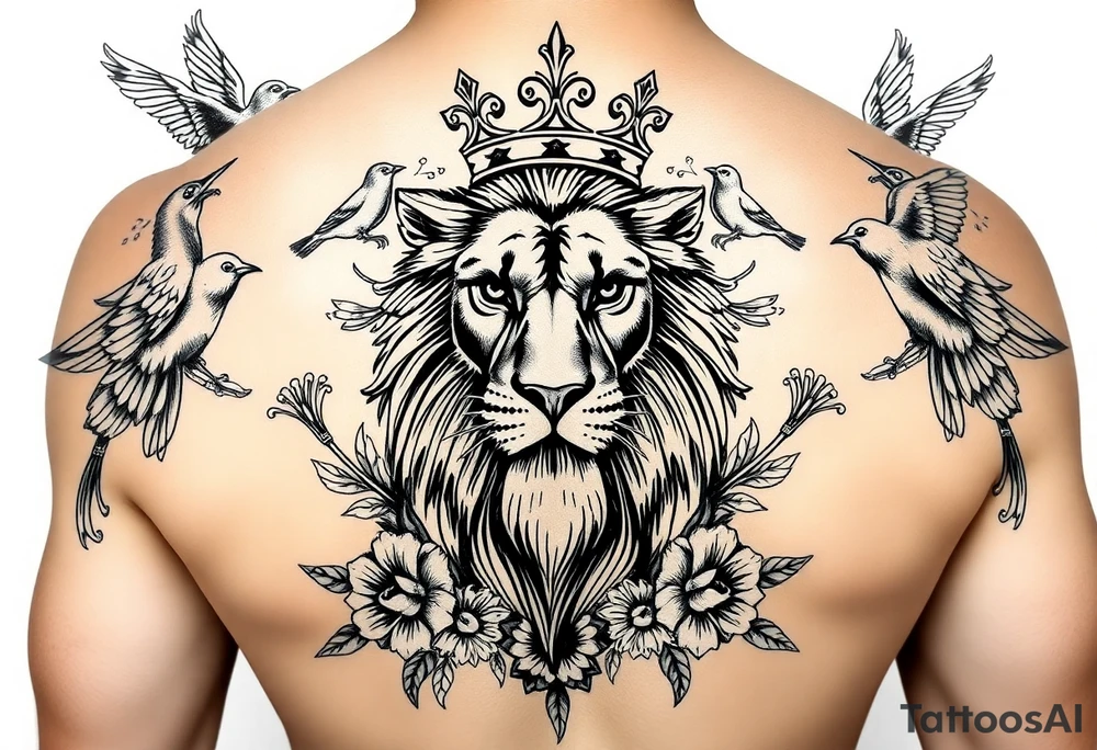 powerful majestic lion with a crown, surrounded by floral ornaments and birds tattoo idea