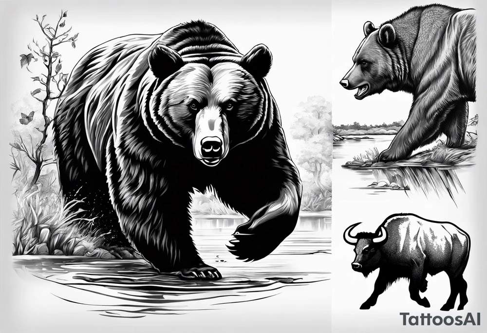 I want a sleeve tattoo design combining a bear fighting a bull, some how blend in a man walking a tightrope blending the mans head with the australian bush with a river and some how blend in a rubix cube tattoo idea