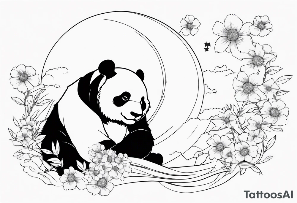 Panda shaped gundam, flying over moon, falling flowers, line art tattoo idea