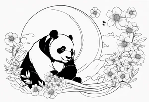 Panda shaped gundam, flying over moon, falling flowers, line art tattoo idea