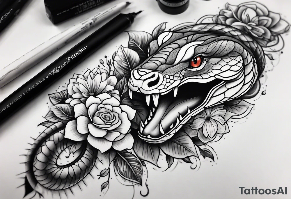 High contrast black and grey forearm snake and flower sleeve tattoo idea
