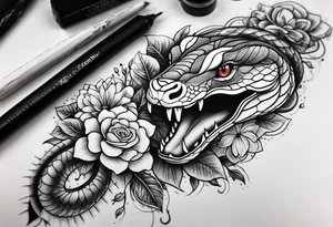 High contrast black and grey forearm snake and flower sleeve tattoo idea