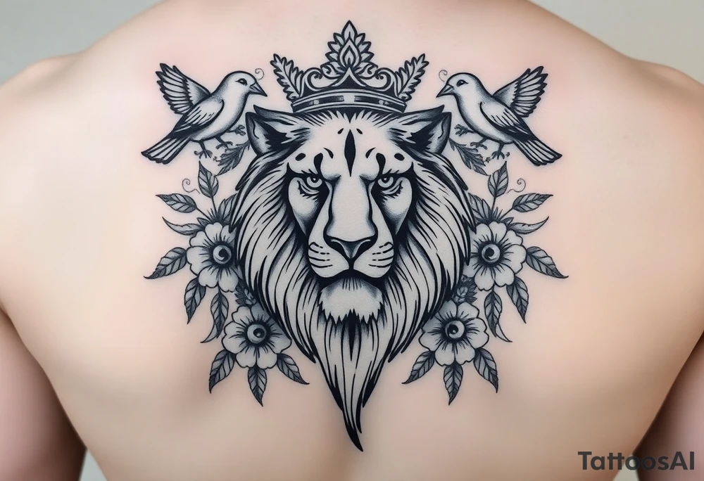 powerful majestic lion with a crown, surrounded by floral ornaments and birds tattoo idea