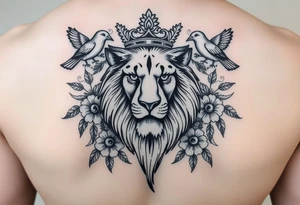 powerful majestic lion with a crown, surrounded by floral ornaments and birds tattoo idea