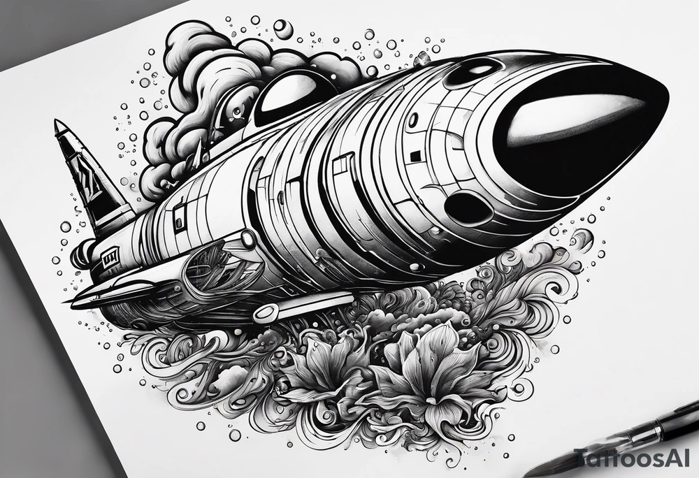 thin rocketship with a psychedelic mushroom top with fire coming out the bottom bursting out of bubble tattoo idea