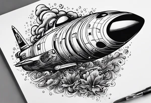 thin rocketship with a psychedelic mushroom top with fire coming out the bottom bursting out of bubble tattoo idea
