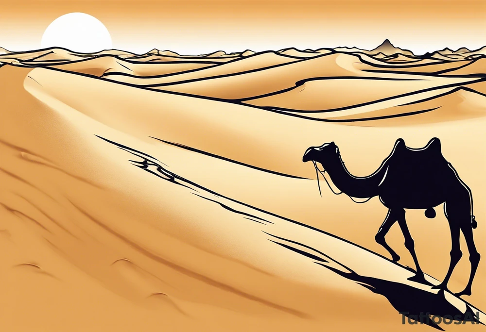 Design a tattoo depicting a distant view of a vast desert landscape with low, undulating sand dunes. Capture a man and his camel moving away, leaving footprints in the sand, both resilient against the harsh environment. The man covers his face with a long cloth, adding a sense of mystery and solitude to the scene. tattoo idea
