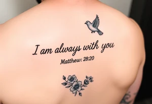 Bible verse “I am always with you Matthew 28:20” make the words go down the spine  with a dainty bird on top with small flowers on the bottom tattoo idea