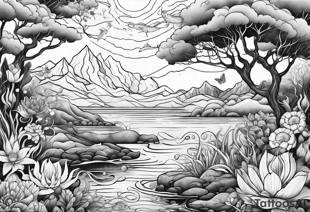 Underwater landscape with a family crest, a cat and a woman tattoo idea