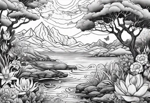 Underwater landscape with a family crest, a cat and a woman tattoo idea