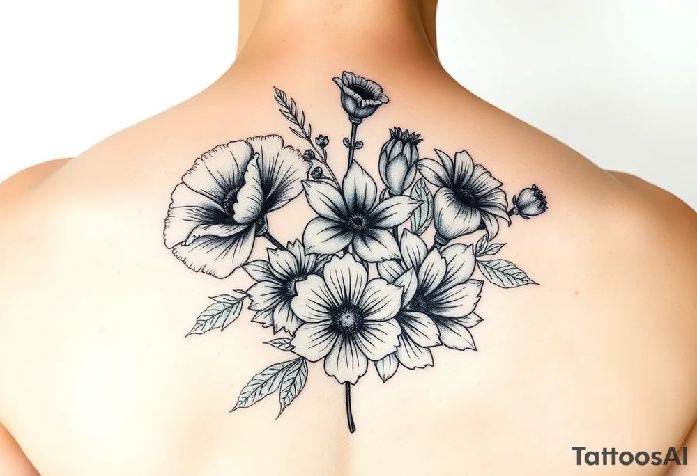 poppy, gladiolus, holly, narcissistic, poinsettia, daisy, and sweet pea tattoo idea