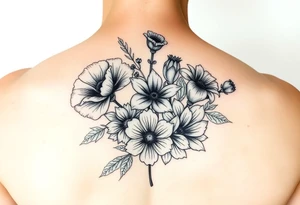 poppy, gladiolus, holly, narcissistic, poinsettia, daisy, and sweet pea tattoo idea
