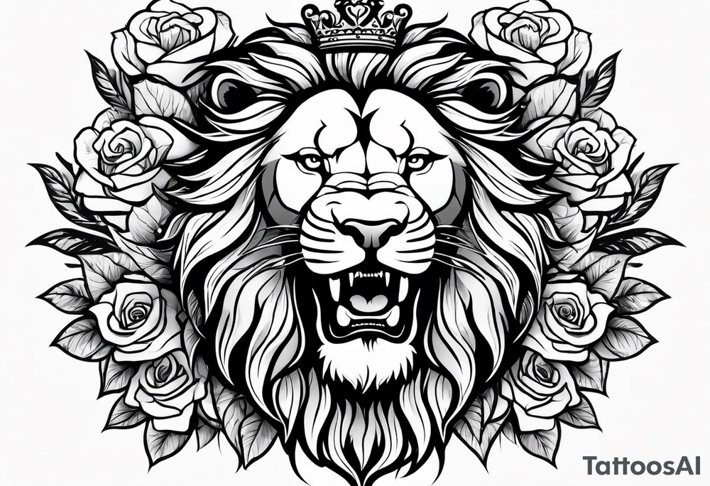 Roaring Lion with crown with roses tattoo idea