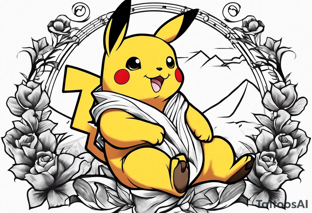 pickachu sitting on a lion listing to music tattoo idea