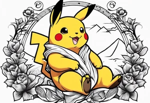 pickachu sitting on a lion listing to music tattoo idea