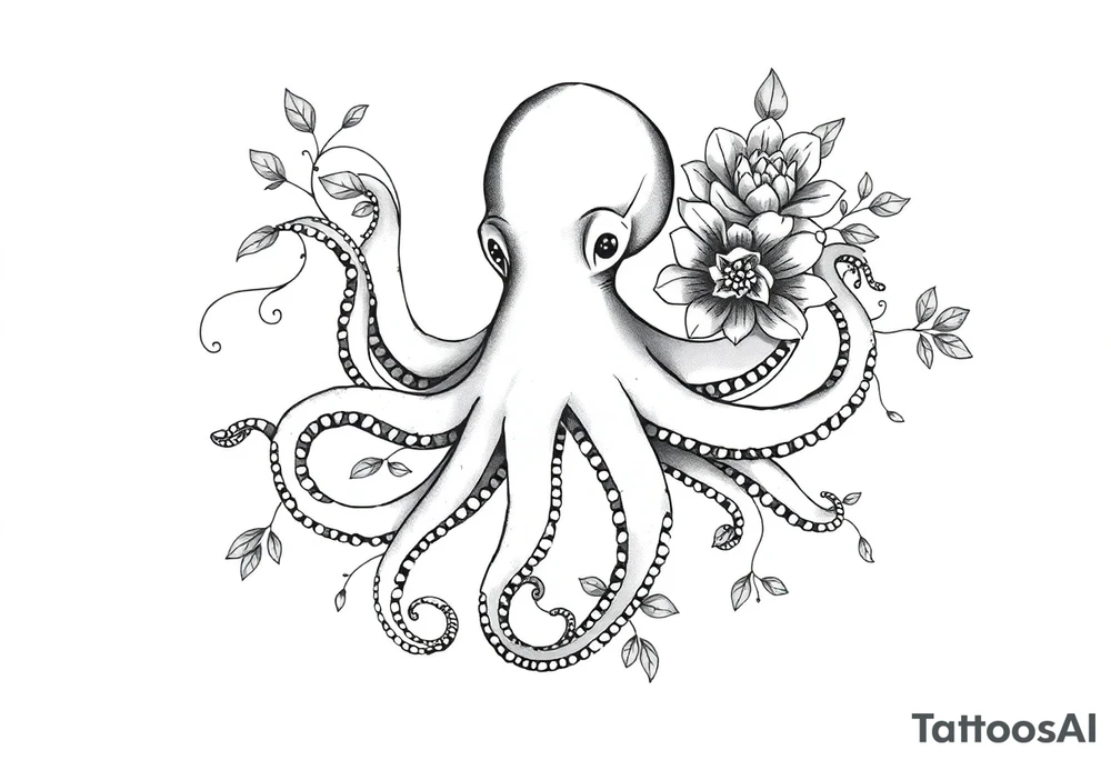 realistic octopus, detailed linework, intricate, black-and-grey shading, surrounded by floral ornaments, intertwining tentacles, thin black swirling lines, semi-transparent brown leaves, dotwork, ornamental flourishes, radiating design, fine-line style, minimalistic, organic flow, feminine, artistic, slightly surreal, seamless composition, marine botanical fusion, lifelike texture, graceful rhythm, smooth shading, soft leaves wrapping, blooming shoulder flower, outward radiating pattern, vine tentacle flow, integrated sea creature, botanical octopus curved body placement, natural organic movement tattoo idea