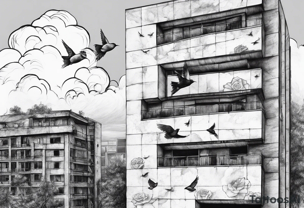 Rose growing from concrete with a 6 floor building in the background with 1570 address. Have clouds in the background with birds flying tattoo idea