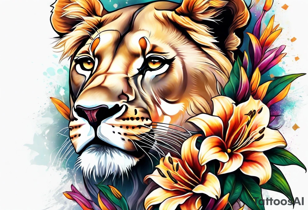 Lioness with lilies and color all over tattoo idea