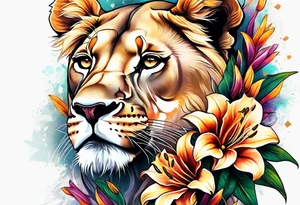 Lioness with lilies and color all over tattoo idea