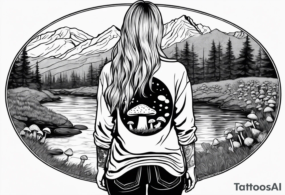 Whole picture encircled fully

Straight long blonde hair hippie girl in distance holding mushrooms in hand facing away toward mountains and creek surrounded by mushrooms long sleeve shirt and hiking pants; whole rendering within a full circle, no cut off circle tattoo idea