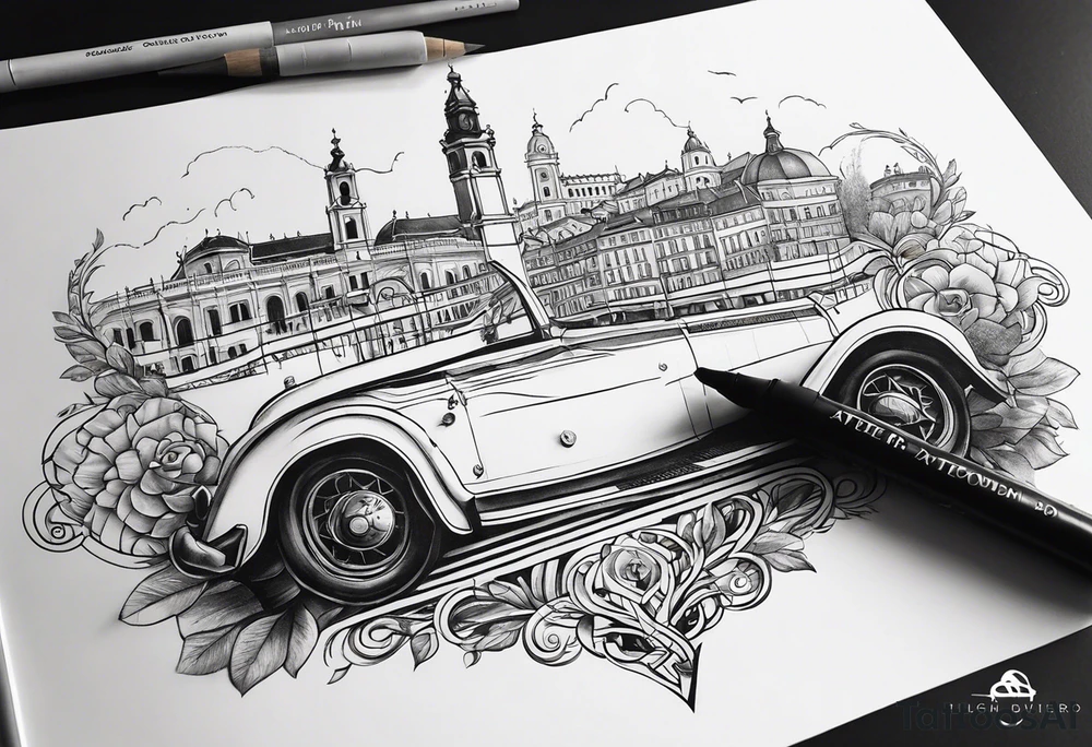 Create a tattoo design that symbolizes the connection between a family spread across Lisbon and Deggendorf. Incorporate the names, elements representing both countries, linked by a path or journey motif. The design should evoke feelings of unity, distance, and the bond of family. tattoo idea