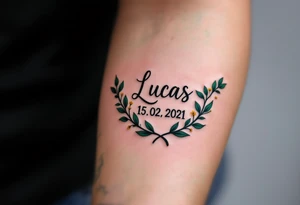 Name Luky 15. 02. 2021 – Deep emerald green vine twisting around Lucas's birthdate, with small yellow blooms dotting the numbers. tattoo idea