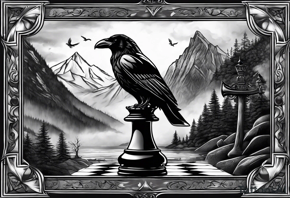 chessboard with king and queen piece, background in a mountain in the rain and ravens tattoo idea