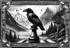 chessboard with king and queen piece, background in a mountain in the rain and ravens tattoo idea