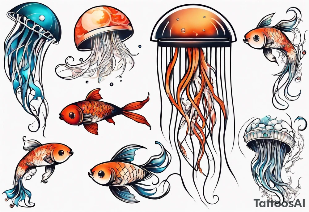 1 jellyfish with the moon in the lid. Then with mini koi carp and jellyfish swimming amongst the tentacles tattoo idea