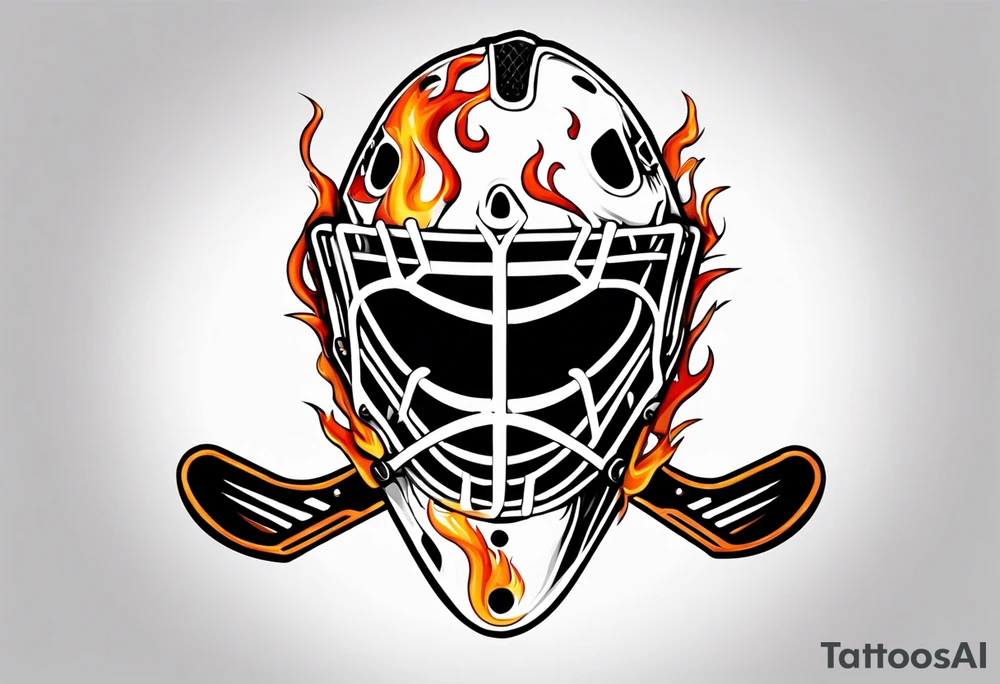 a goalie mask with crossed hockey sticks and flames saying "SHOT HOCKEY" tattoo idea