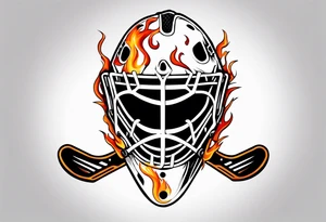 a goalie mask with crossed hockey sticks and flames saying "SHOT HOCKEY" tattoo idea