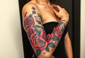 Nashika with roses surrounding with thorns tattoo idea