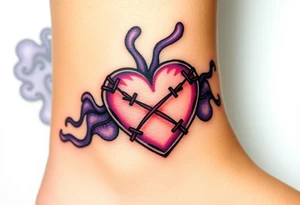 A stitched-up voodoo heart with black X-shaped stitches, surrounded by deep violet and gray smoke. tattoo idea