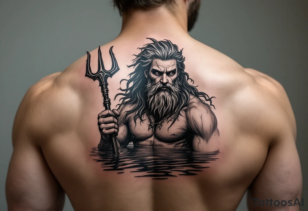 young, fit poseidon in calm water, holding a trident, holding a beer, looking in your eyes tattoo idea