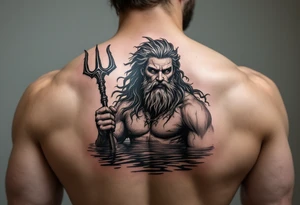 young, fit poseidon in calm water, holding a trident, holding a beer, looking in your eyes tattoo idea