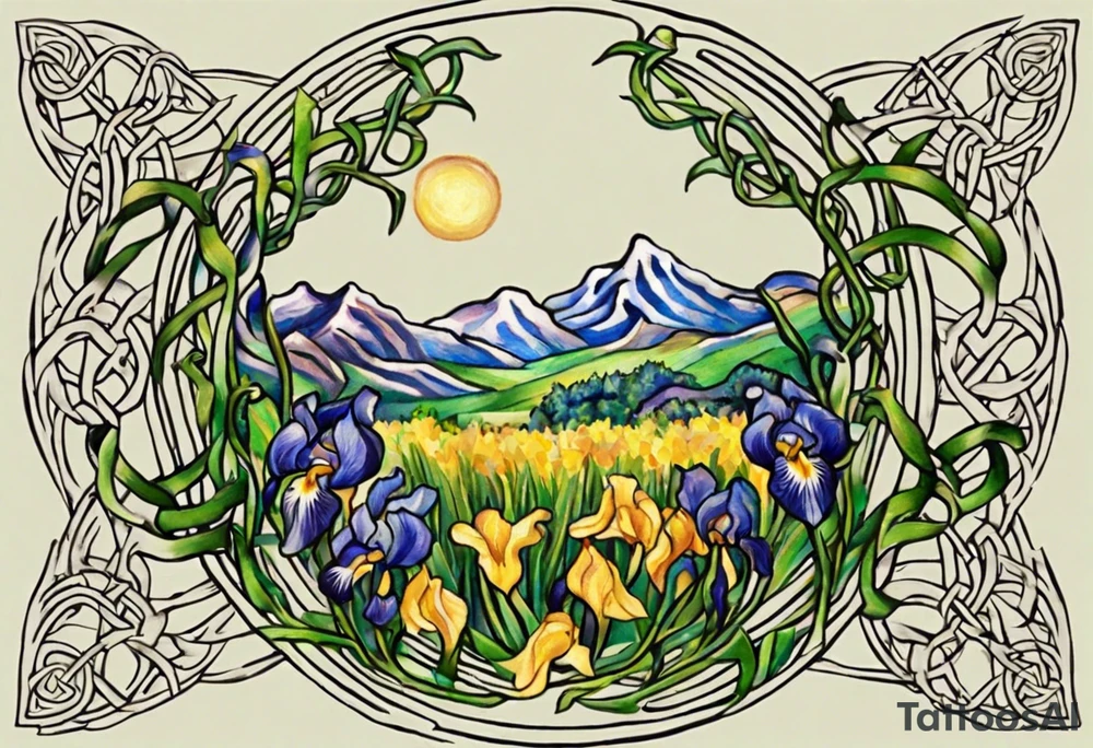 Create a small, colorful Vincent van Gogh Irises tattoo in the form of a crescent, with vines in Celtic knot style gracefully intertwining at a central point in the middle of the wreath. The intended placement is on the upper chest. The middle needs mountains. The overall design should be small in size while maintaining a delicate and artistic aesthetic. Pay attention to the graceful flow of the vines and the placement of the irises to achieve a refined and elegant look. tattoo idea