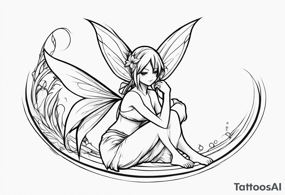 No color sketch of a fairy with a tail inspired by the guild symbol in the anime show called Fairy Tail in a fetal position leaning in and forward while crawled in tattoo idea