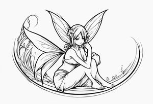 No color sketch of a fairy with a tail inspired by the guild symbol in the anime show called Fairy Tail in a fetal position leaning in and forward while crawled in tattoo idea