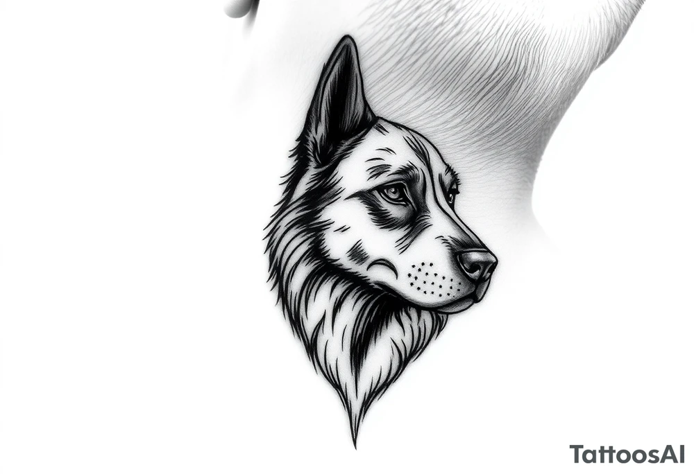 One lined black ink art . Of dog/Aquarius elegant portrait. On side of neck tattoo idea