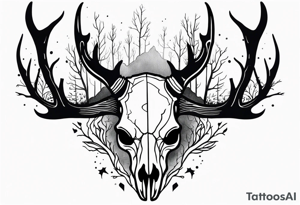 side view of a DECAYING deer skull JUST BONE surrounded by a forest fire in background tattoo idea