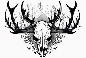 side view of a DECAYING deer skull JUST BONE surrounded by a forest fire in background tattoo idea