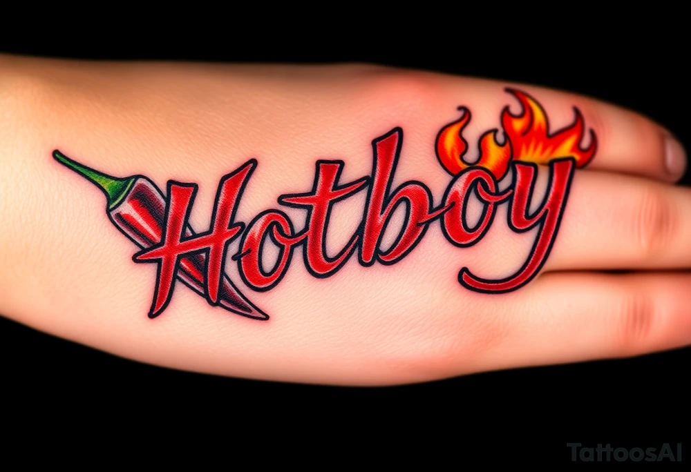 Chili pepper and fire lettering says Hotboy tattoo idea