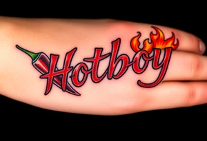Chili pepper and fire lettering says Hotboy tattoo idea