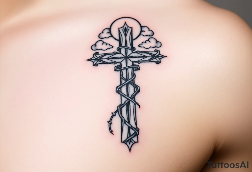 A very detailed and big cross that has thorn vines from a rose wrapping around it but with no flower just the thorns vines and then a halo above the cross with clouds around it tattoo idea