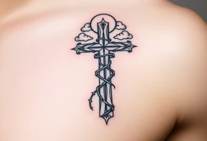 A very detailed and big cross that has thorn vines from a rose wrapping around it but with no flower just the thorns vines and then a halo above the cross with clouds around it tattoo idea