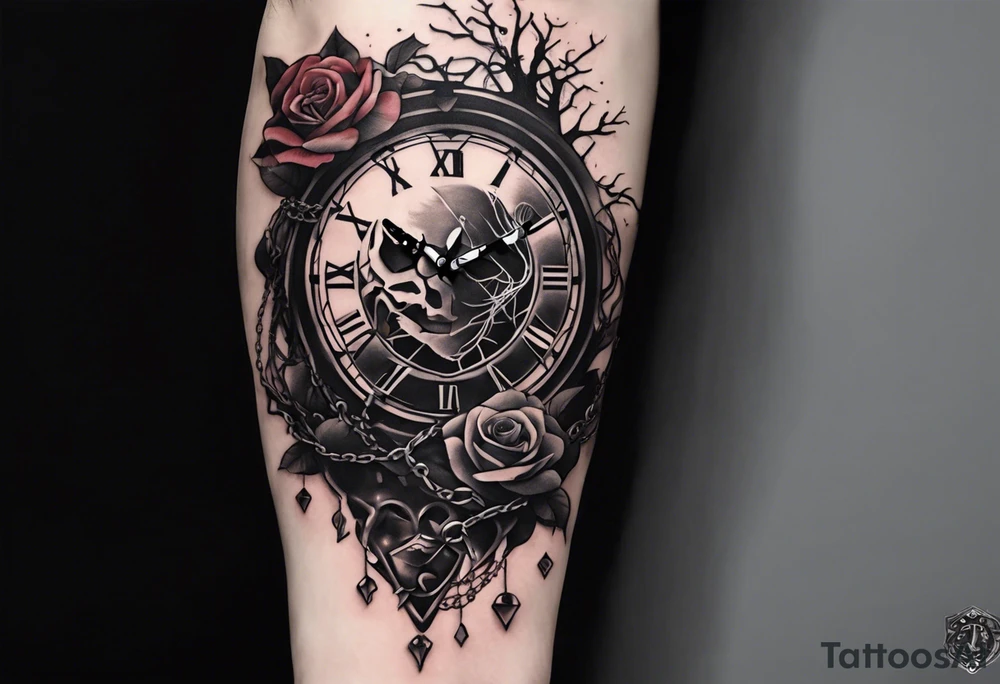 tattoo fool sleeve, tree roots break out of the chains at the bottom of the hand, broken mask, Clock with flying numbers, girl, skull, roses, less shadows tattoo idea